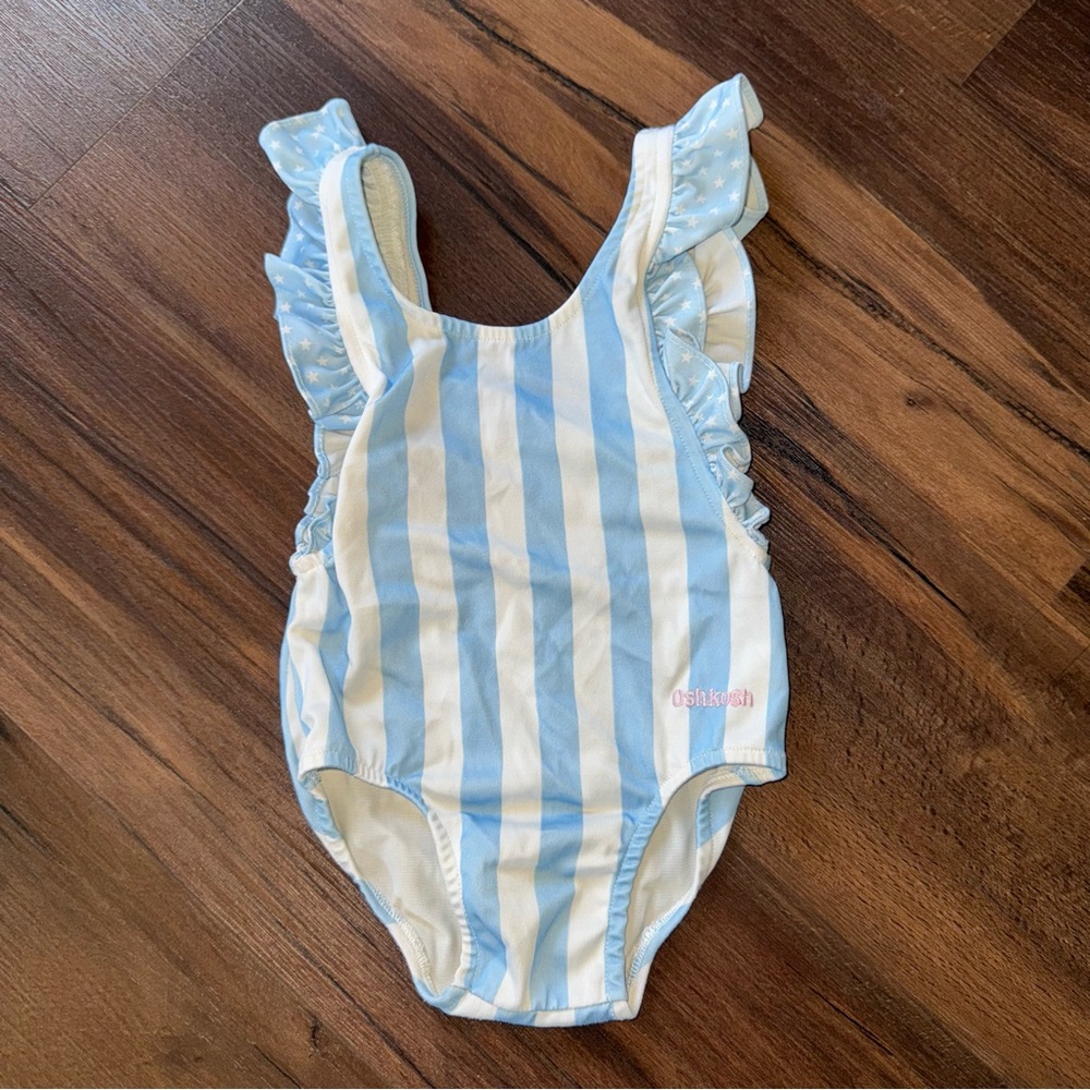 Vintage Oshkosh Rare Blue and White Striped Ruffle Swimsuit